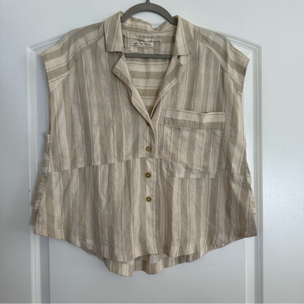 We The Free Womens Play It Cool Button Up Shirt Beige Stripe Cap Sleeve Size XS